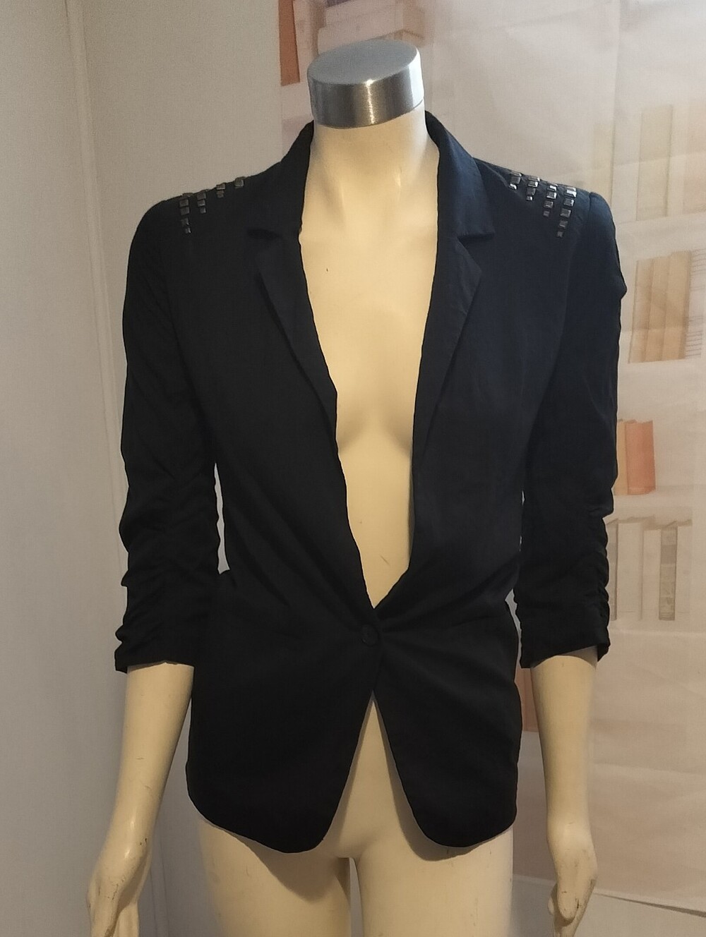Women's Black Single-Button Blazer with Studded Shoulder Detail